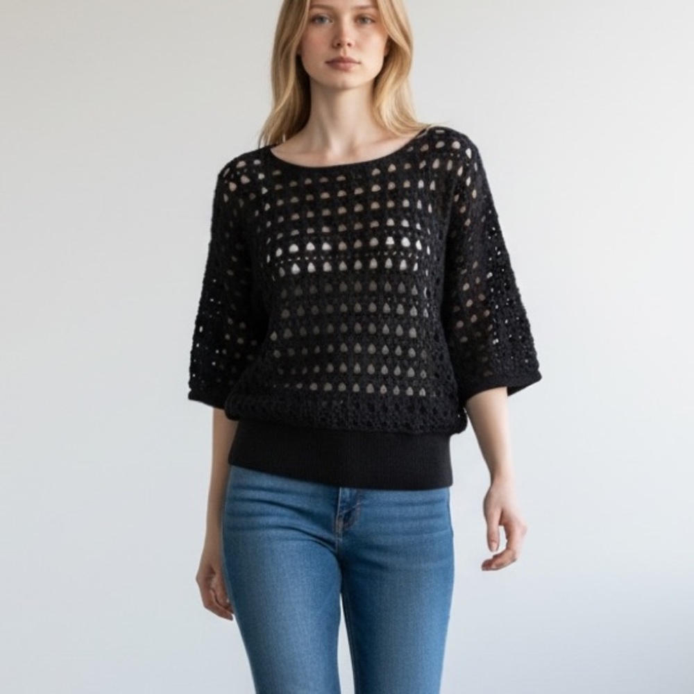 Peruvian Connection Black Crochet Scoop-Neck Sweater Sz L